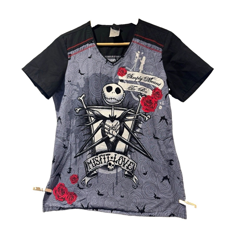 Disney Nightmare Before Christmas Scrub Top XS Gray Black Red Jack Sally TF639